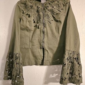 Kate & Mallory Olive Green Boho Lace Accents Chochet Goth Jacket Top